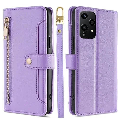 Funda de Cuero con Cremallera y Diseño de Ovejas para Honor 200 Lite 5G (Morado)
