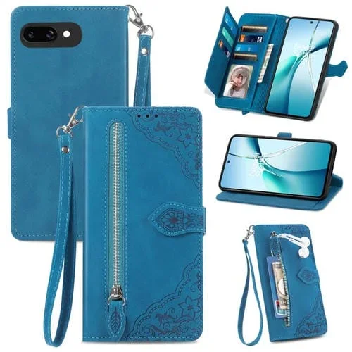 Funda de Cuero con Cremallera y Flores en Relieve para Google Pixel 9A (Azul)