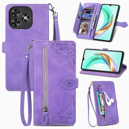 Funda de Cuero con Cremallera y Flores en Relieve para Oukitel C53 (Morado)