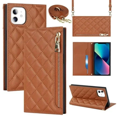 Funda de Cuero con Cremallera y Lanyard para iPhone 11 Grid Texture (Marrón)