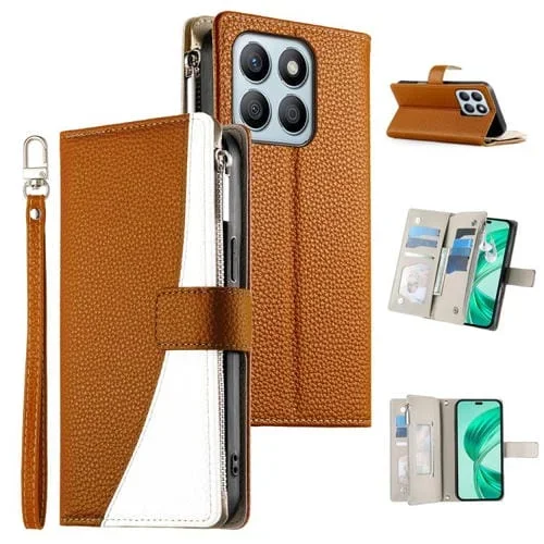 Funda de cuero con cremallera y múltiples tarjetas para Honor X8b, con costuras y correa corta (marrón)