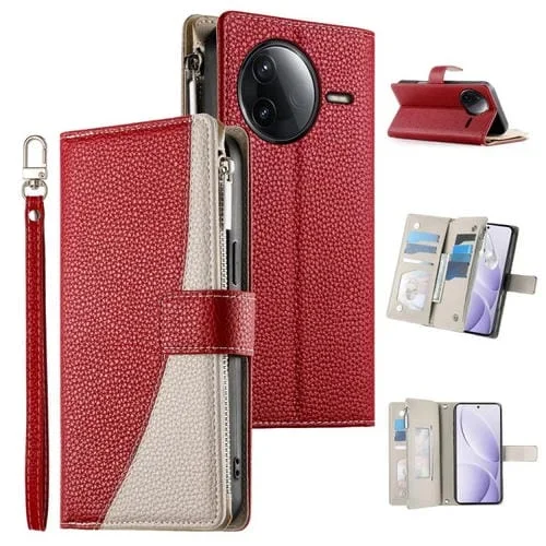 Funda de cuero con cremallera y múltiples tarjetas para Redmi K80 / K80 Pro / Poco F7 Pro, con costuras y correa corta (roja)
