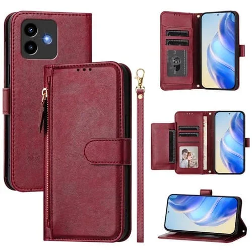 Funda de Cuero con Cremallera y Ranuras para Tarjetas Cubot Note 40 (Rojo Oscuro)