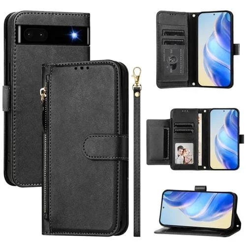 Funda de Cuero con Cremallera y Ranuras para Tarjetas para Google Pixel 6A (Negra)