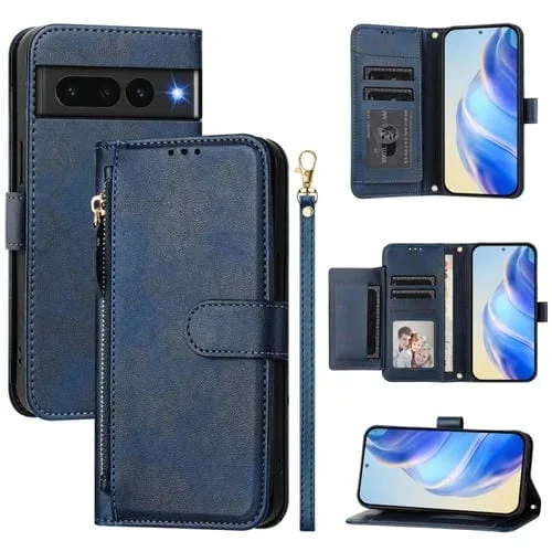 Funda de Cuero con Cremallera y Ranuras para Tarjetas para Google Pixel 7 Pro (Azul)