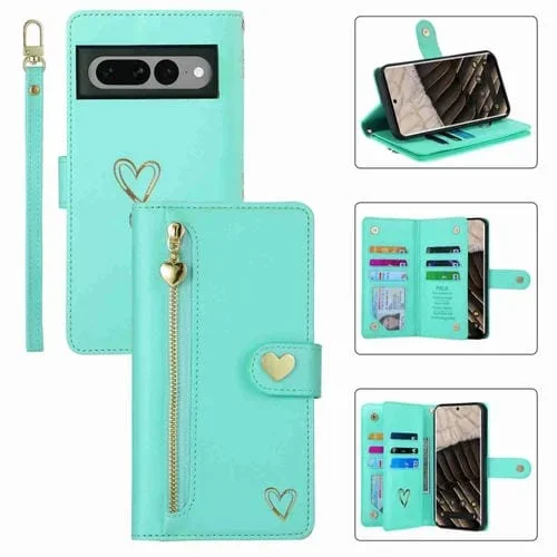 Funda de Cuero con Cremallera y Ranuras para Tarjetas para Google Pixel 7 Pro Pola Love (Verde Claro)