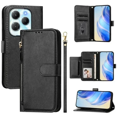 Funda de Cuero con Cremallera y Ranuras para Tarjetas para Infinix Hot 40 y Hot 40 Pro (Negra)