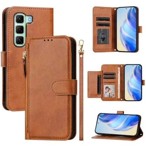Funda de Cuero con Cremallera y Ranuras para Tarjetas para Infinix Hot 50 5G (Marrón)