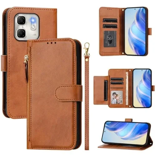 Funda de Cuero con Cremallera y Ranuras para Tarjetas para Infinix Hot 50I/Smart 9 (Marrón)