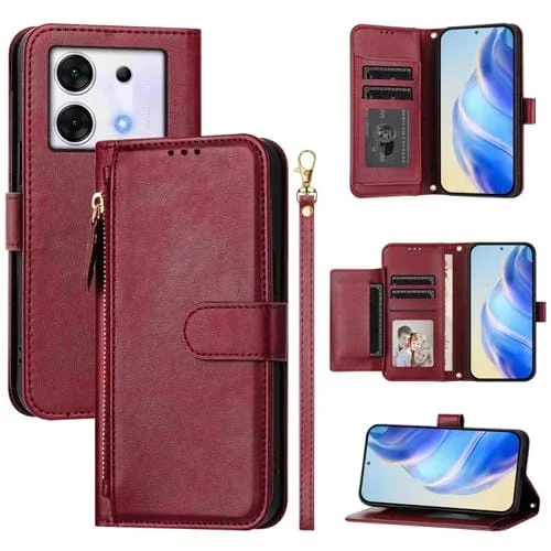 Funda de Cuero con Cremallera y Ranuras para Tarjetas para Infinix Zero 30 5G (Rojo Oscuro)