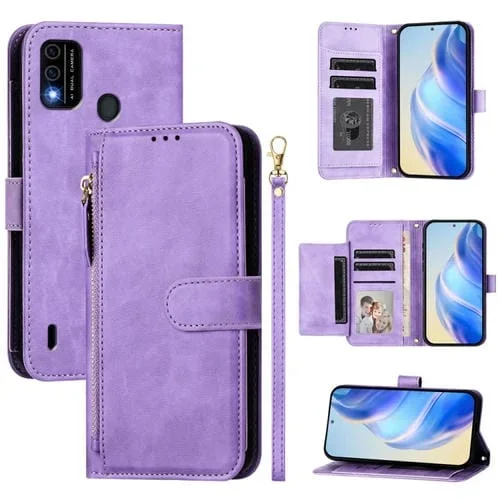 Funda de Cuero con Cremallera y Ranuras para Tarjetas para Itel A48 (Morado)