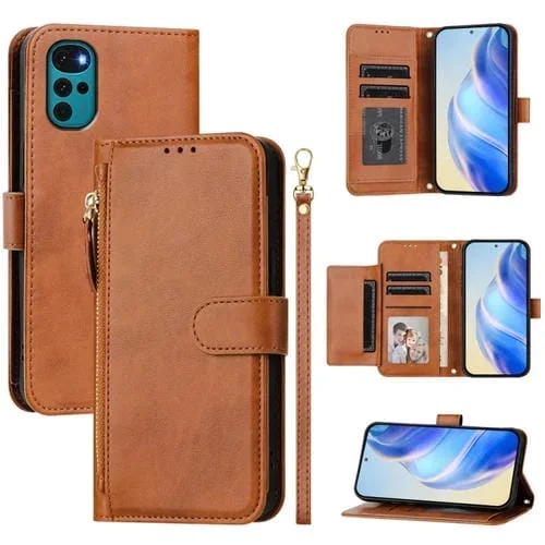 Funda de Cuero con Cremallera y Ranuras para Tarjetas para Motorola Moto E32 India/E32S/G22 (Marrón)