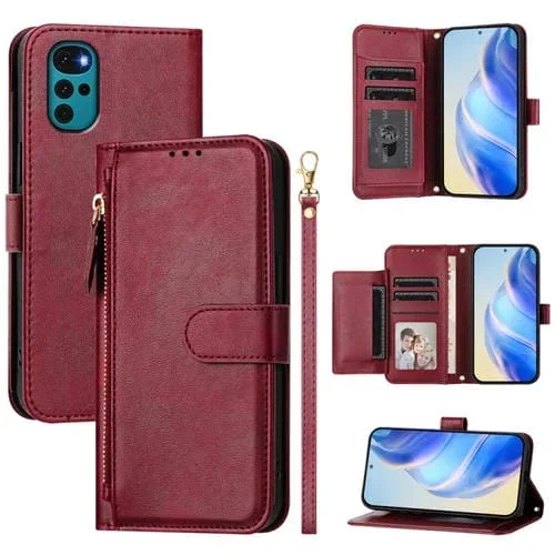 Funda de Cuero con Cremallera y Ranuras para Tarjetas para Motorola Moto E32 India/E32S/G22 (Rojo Oscuro)