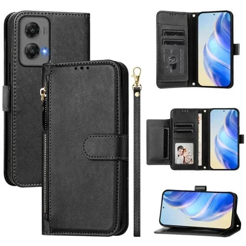 Funda de Cuero con Cremallera y Ranuras para Tarjetas para Motorola Moto G Stylus 5G (2024) (Negro)