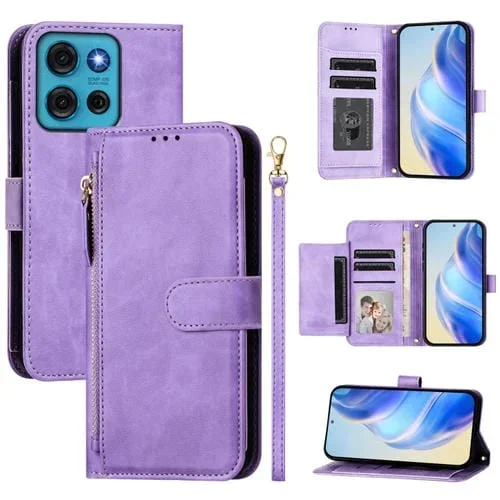 Funda de Cuero con Cremallera y Ranuras para Tarjetas para Motorola Moto G75 5G (Morado)