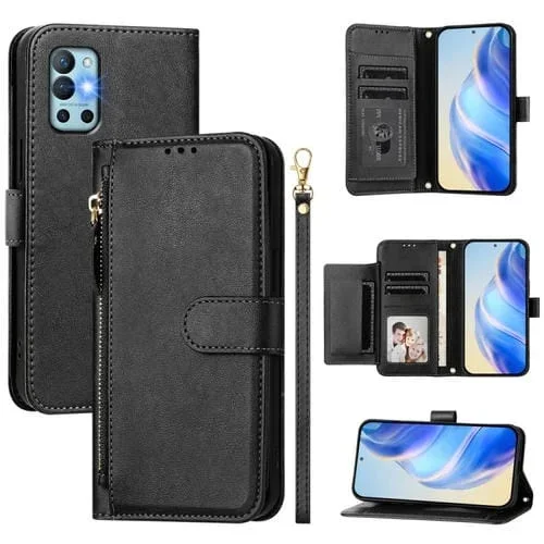 Funda de Cuero con Cremallera y Ranuras para Tarjetas para OnePlus 9R/OnePlus 8T (Negra)
