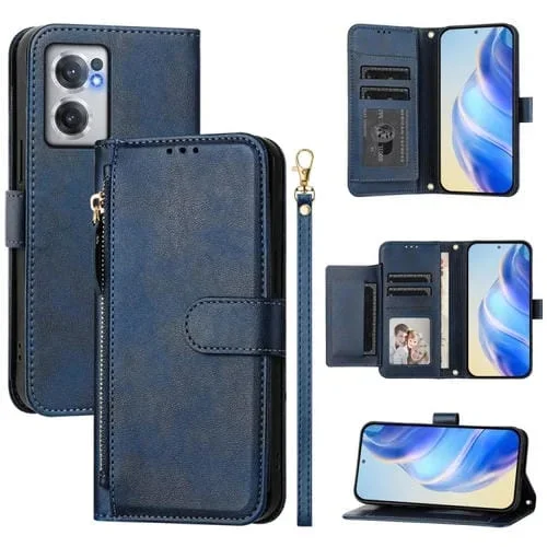 Funda de Cuero con Cremallera y Ranuras para Tarjetas para OnePlus Nord Ce 2 5G (Azul)
