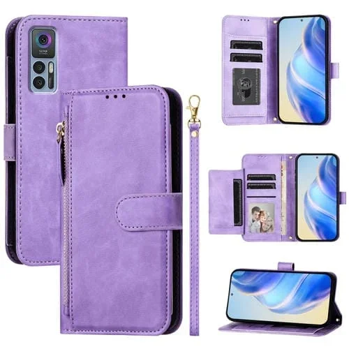 Funda de Cuero con Cremallera y Ranuras para Tarjetas para TCL 30 4G/5G y 30+ (Morado)