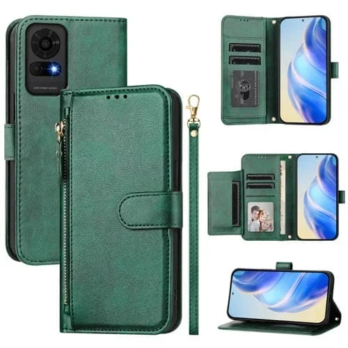 Funda de Cuero con Cremallera y Ranuras para Tarjetas para TCL 50 Le (Verde)
