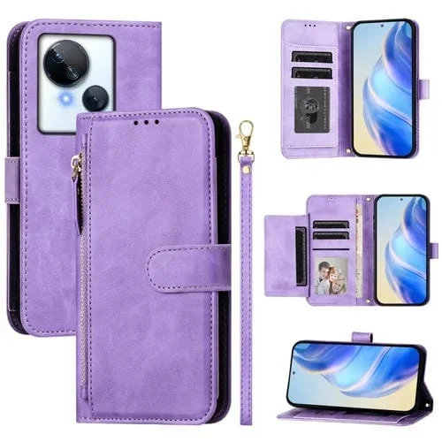 Funda de Cuero con Cremallera y Ranuras para Tarjetas para Tecno Spark 10 5G (Morado)