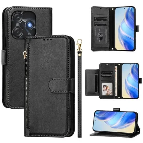Funda de Cuero con Cremallera y Ranuras para Tarjetas para Tecno Spark 10C / Spark 10 4G (Negro)