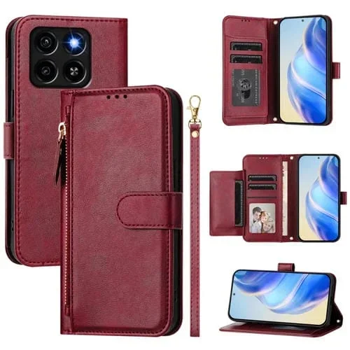 Funda de Cuero con Cremallera y Ranuras para Tarjetas para ZTE Blade A35/A55 (Rojo Oscuro)