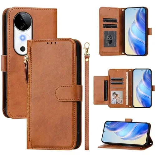 Funda de Cuero con Cremallera y Ranuras para Varias Tarjetas para Vivo S19 (Marrón)