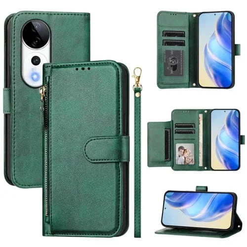 Funda de Cuero con Cremallera y Ranuras para Varias Tarjetas para Vivo S19 Pro (Verde)
