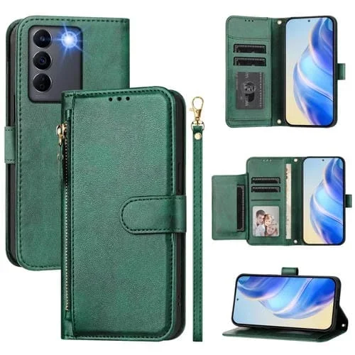 Funda de Cuero con Cremallera y Ranuras para Varias Tarjetas para Vivo V27E 4G/T2 4G Global (Verde)