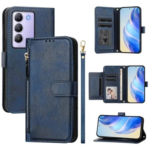 Funda de Cuero con Cremallera y Ranuras para Varias Tarjetas para Vivo Y100 Idn/T3 5G Idn (Azul)
