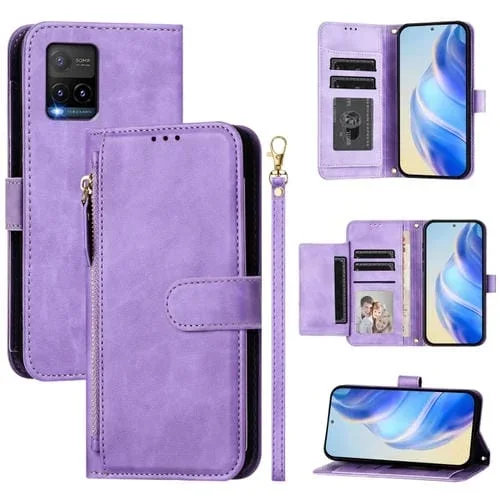 Funda de Cuero con Cremallera y Ranuras para Varias Tarjetas para Vivo Y33S 4G / Y21 2021 / Y21S / Y21T (Morado)