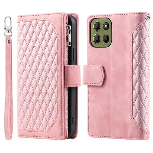 Funda de Cuero con Cremallera y Textura de Cuadrícula para Motorola Moto G15 con Cordón (Oro Rosa)