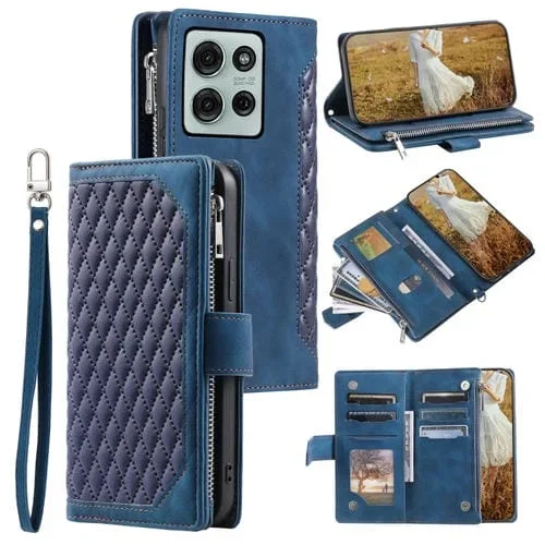 Funda de Cuero con Cremallera y Textura de Cuadrícula para Motorola Moto G75 5G con Cordón (Azul)