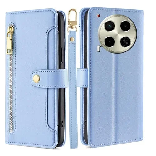 Funda de Cuero con Cremallera y Textura de Oveja para Tecno Camon 30 Lite (Azul)