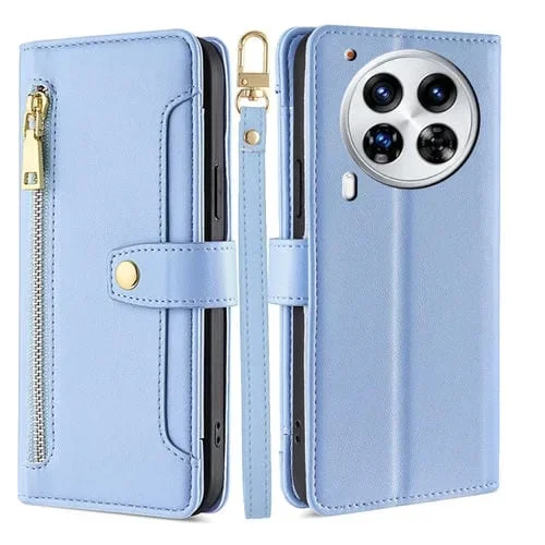 Funda de Cuero con Cremallera y Textura de Oveja para Tecno Camon 30 Premier 5G (Azul)