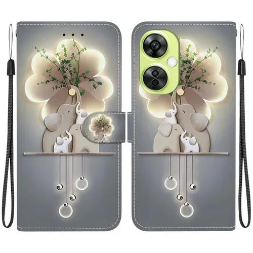 Funda de Cuero con Dibujo de Colores y Textura de Cristal para OnePlus Nord CE 3 Lite/N30 (Elefantes)