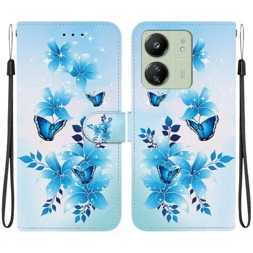 Funda de Cuero con Dibujo de Colores y Textura de Cristal para Redmi 13C 4G / 5G / 13R 5G (Mariposas Azules)