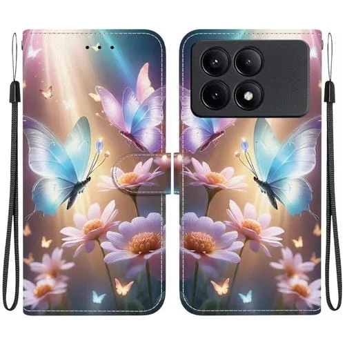 Funda de Cuero con Dibujo de Colores y Textura de Cristal para Redmi K70E/Poco X6 Pro (Mariposa, Amor y Flores)