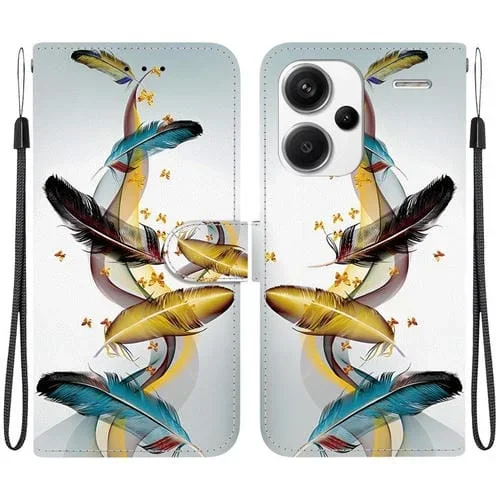 Funda de Cuero con Dibujo de Colores y Textura de Cristal para Redmi Note 13 Pro+ 5G (Plumas de Mariposa Doradas)