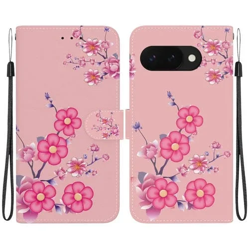 Funda de Cuero con Dibujo y Textura de Cristal para Google Pixel 9A (Flores de Cerezo)