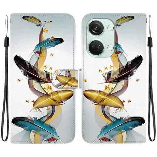 Funda de Cuero con Dibujo y Textura de Cristal para OnePlus Ace 2V 5G y Nord 3 (Plumas de Mariposa Doradas)