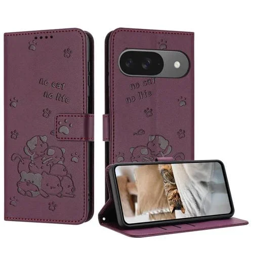 Funda de Cuero con Diseño de Gatito en Relieve para Google Pixel 9 y 9 Pro con Cordón (Rojo Vino)