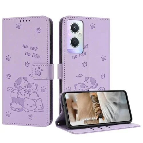 Funda de Cuero con Diseño de Gatito En Relieve para Oppo Reno7 Z Global con Cordón (Morado)