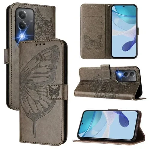 Funda de Cuero con Diseño de Mariposa En Relieve para Oppo K12X 5G (Gris)