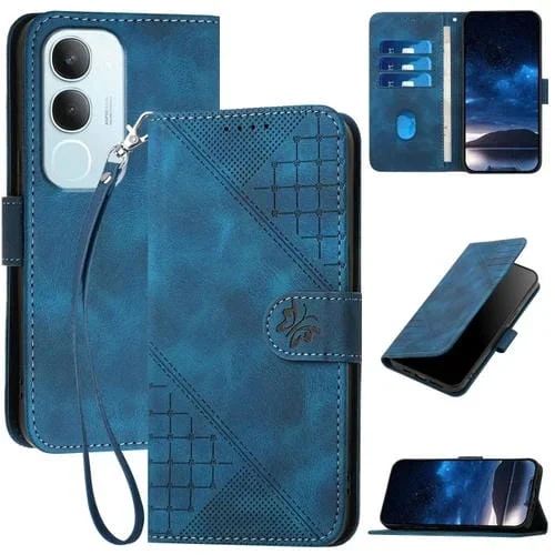 Funda de Cuero con Diseño de Mariposa En Relieve y Cuadrícula Global para Vivo Y19S con Cordón (Azul Oscuro)