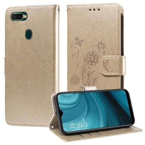 Funda de Cuero con Diseño de Mariposas y Flores En Relieve para Oppo A12/A12S/A11K (Dorada)