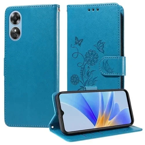Funda de Cuero con Diseño de Mariposas y Flores En Relieve para Oppo A17 4G Global/A17K Global (Azul)