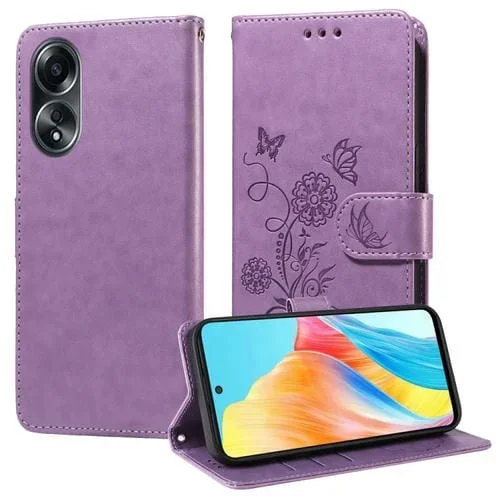 Funda de Cuero con Diseño de Mariposas y Flores En Relieve para Oppo A58 4G (Morado)