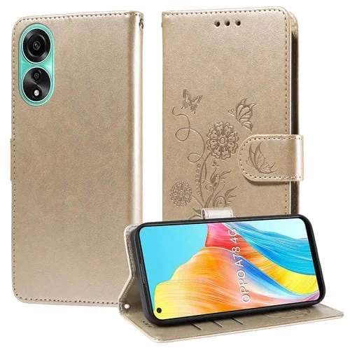 Funda de Cuero con Diseño de Mariposas y Flores En Relieve para Oppo A78 4G (Dorada)