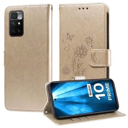 Funda de Cuero con Diseño de Mariposas y Flores En Relieve para Redmi 10 2022/10 Prime (Dorada)